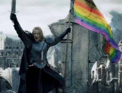 A screenshot from The Lord of the Rings movie of Boromir holding a sword and flag, but the flag has been photoshopped to be a rainbow pride flag