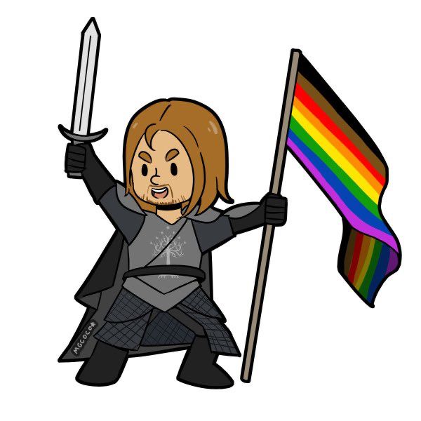 Cartoon Boromir holding a sword and a rainbow flag