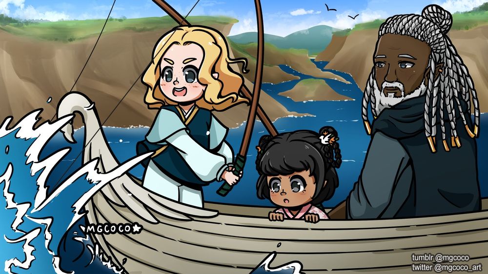 Earendil and Elwing fishing with Círdan, in a small boat with a swan figurehead, and the Mouths of Sirion in the background. Earendil is looking excited and has caught something that is making a big splash. Elwing is looking cautiously. Cirdan is watching them with a gentle smile.