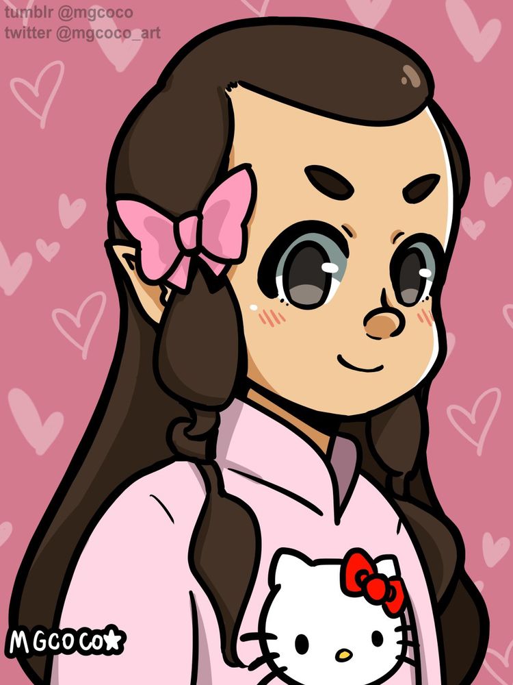 Chibi Elrond wearing a pink top with Hello Kitty on it, and a big pink bow in his hair. The background is also pink with light pink hearts