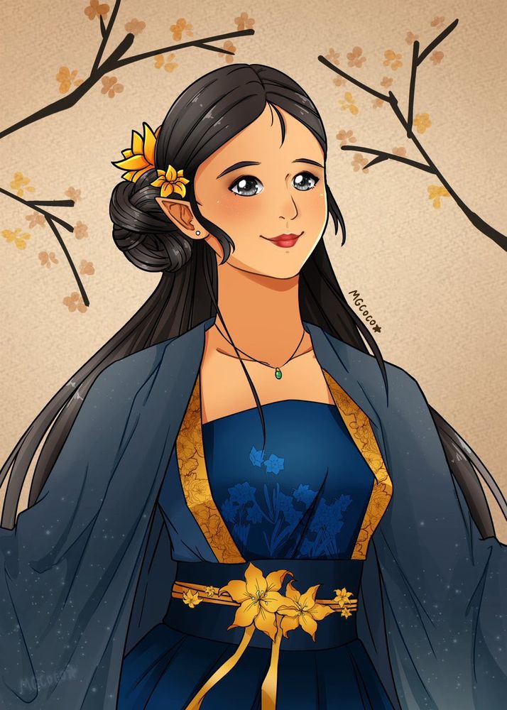 Portrait of Lúthien in a blue and gold hanfu