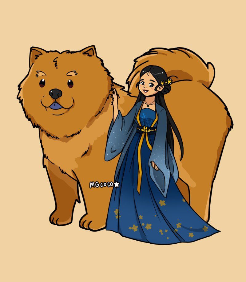 Lúthien in a blue hanfu with yellow accents, putting her hand on Huan, who is a giant chow chow with a purple tongue sticking out.