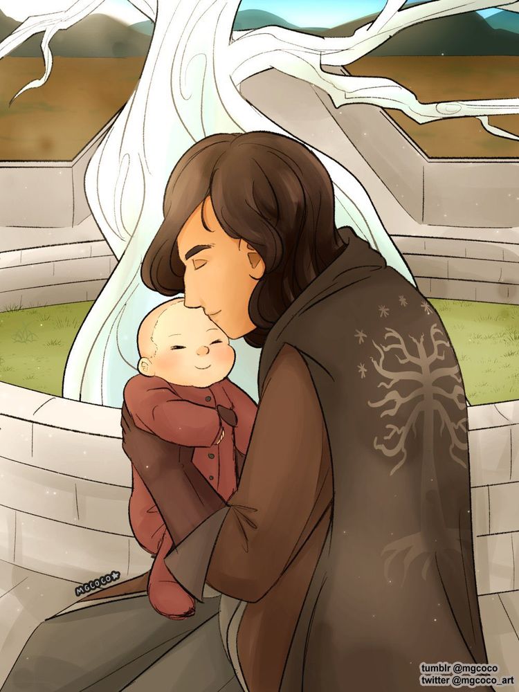 Young Aragorn/Thorongil sitting down and holding a baby Boromir. They are at the Court of the Fountain, with the dead White Tree of Gondor behind them in a patch of green grass. In the background there is a view of a large field and mountains.