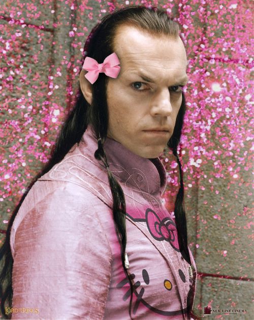 A photoshop of Elrond from the Peter Jackson movies, with a pink top with Hello Kitty on it, a pink bow, and a glittery background