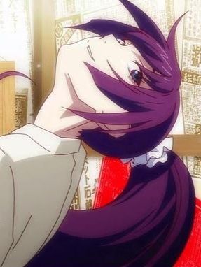 Senjougahara from the anime series Bakemonogatari. Her back faces away from the camera, but her neck is turned backwards and to the left enough that she looks to the camera with her head tilted to the right. It's a prime example of the Shaft Head Tilt, a signature pose that shows up in numerous Shaft anime productions, especially in the works of director Akiyuki Shinbo.