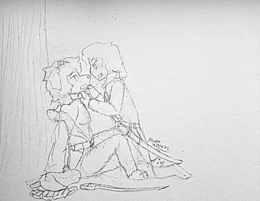 Two characters under a tree, a canid sitting and a human kneeling in front.
The canid's top is exposed, with a collar on her next. The human has grabbed the collar, with her other hand on the canid's chin. They have just kissed.