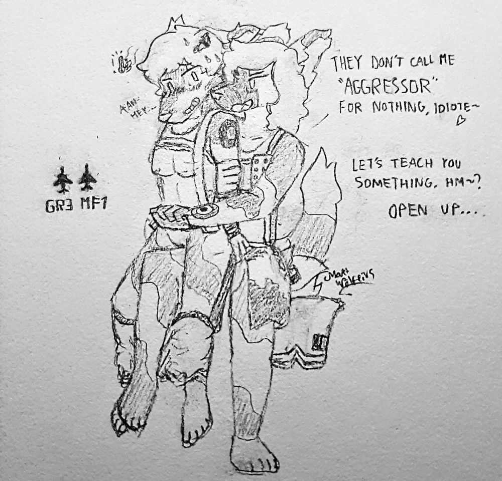 "They don't call me 'Aggressor' for nothing, idiote~ Let's teach you something, hm~? Open up."
Harrier GR.3 Planesona sitting on the leg of Mirage F1 Planesona. MF1 is pinning GR.3's arms behind her, GR.3's bra is pulled up, revealing her breasts, she is overheating, sweating, and her shorts are down to her lower leg and is pinned by MF1's leg. MF1 is using her free hand to force open GR.3's airbrake, exposing her crotch.