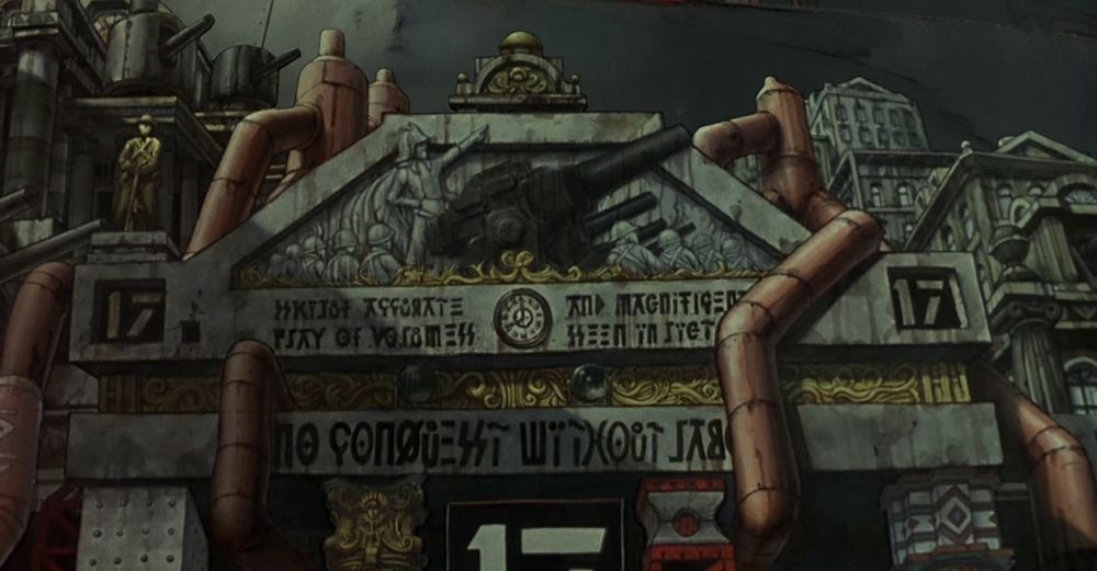 The front facade of a building with a bunch of writing on it, including two letter s's that look a little sus, as the kids say.