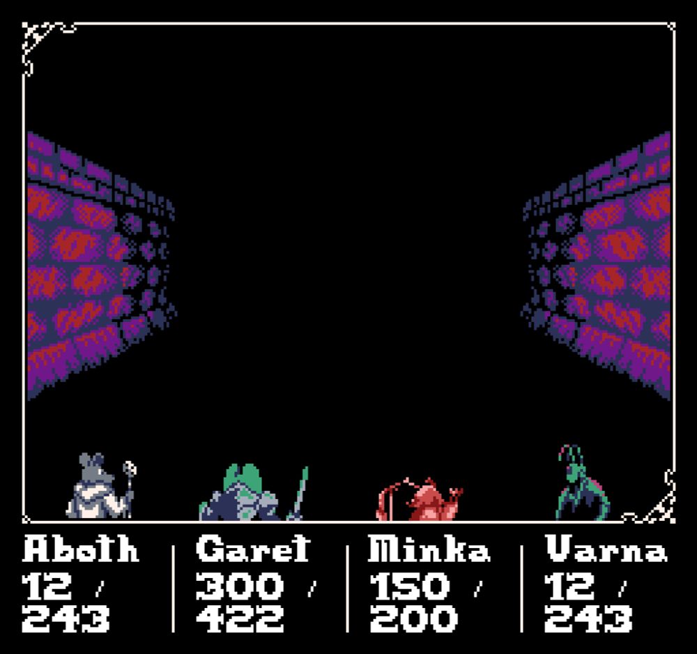 A party of four small animals looks down a dark passageway in a dungeon.