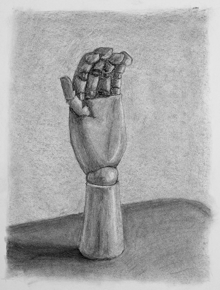 Charcoal drawing still life of one of those wooden hand models artists use, with a wrist joint and flexible fingers/thumb. I needed to draw something for class and it was there and felt like a challenge to try and accurately depict.