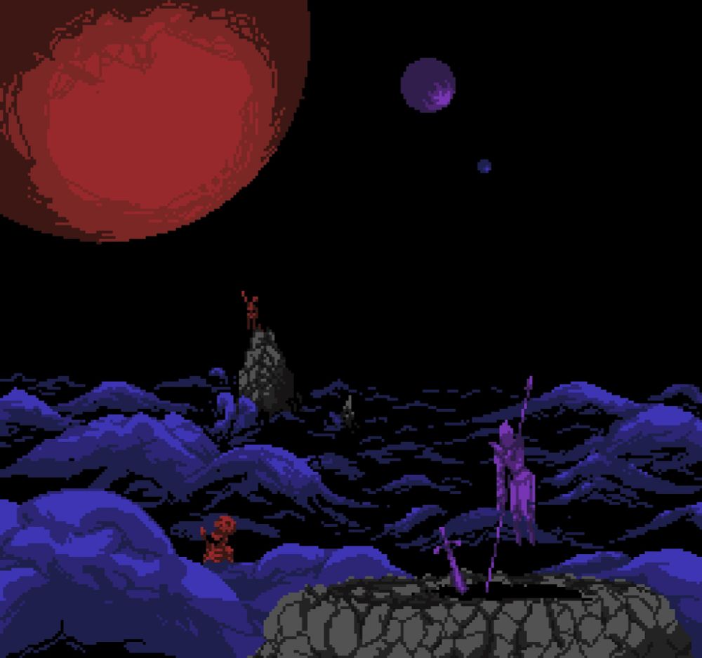 Pixel art of a knight skewered on a spear, watching as fellow slain corpses are swallowed by the waves. Three moons glower menacingly in a starless sky.