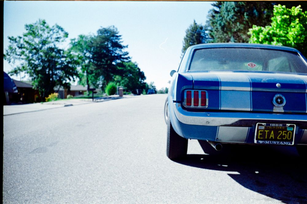 Color photo of the rear of a 1965 Mustang parked on a residential street. 
