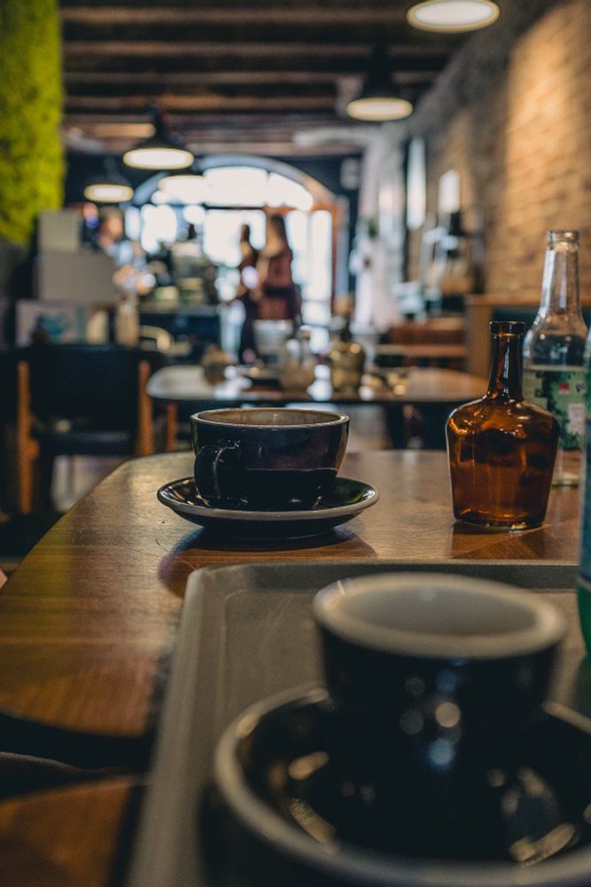 Interior photo of a coffee shop with a brick wall on the right side of the image and a living wall with some type of leafy plant on the left side. 