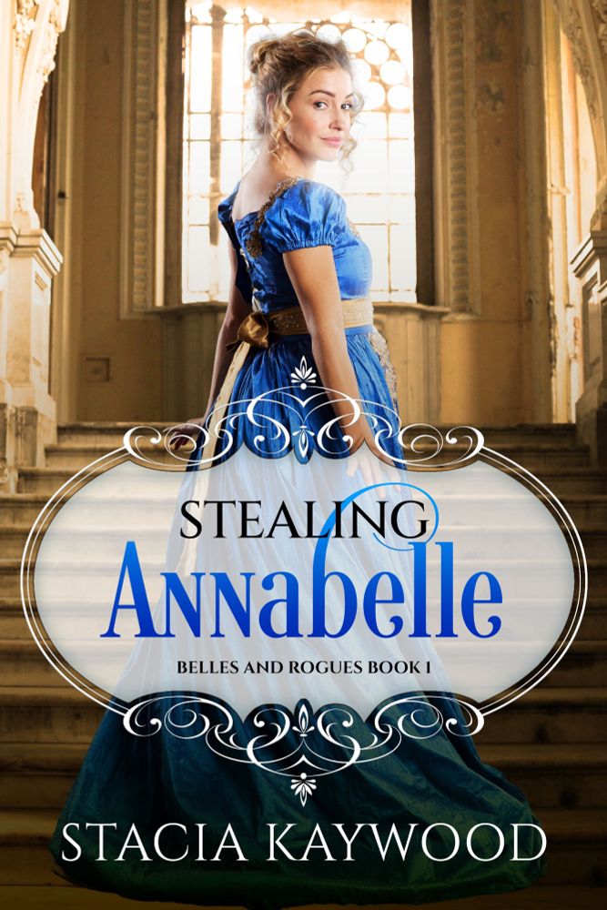 Woman walking up stairs in a blue regency era gown