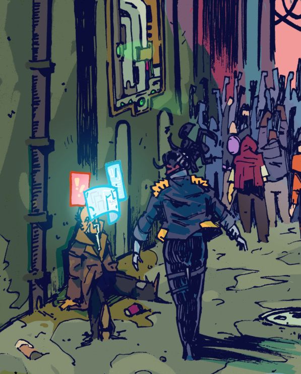 Shujaa walks towards a busy street full of protesters, passing a comatose Brain-gigger in the alley whose active gig has caused him to piss himself.