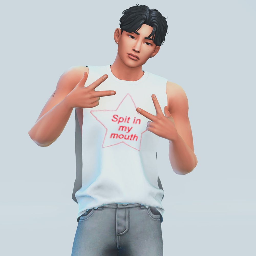 sim taehyung's tank is white, with a red line outline of a star. in the middle of the star, in red text, says "spit in my mouth"