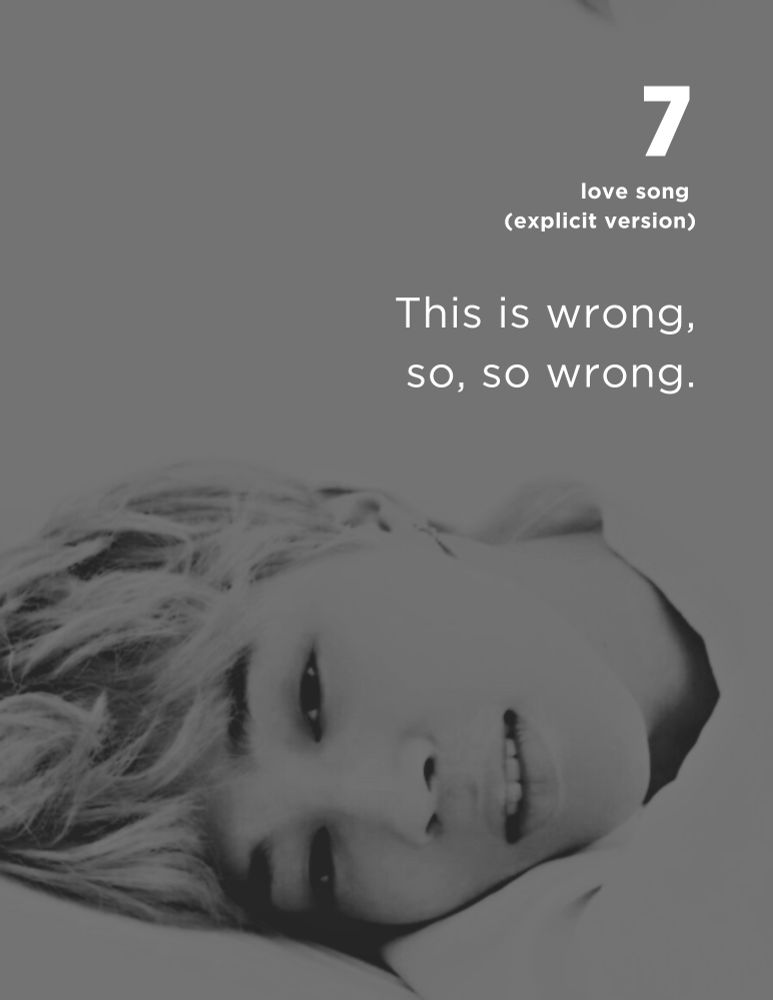 A black and white photo of Jimin lying in bed, looking at the camera, from his Serendipity photoshoot. With white text: 

love song (explicit version) chapter 7
This is wrong, so, so wrong.