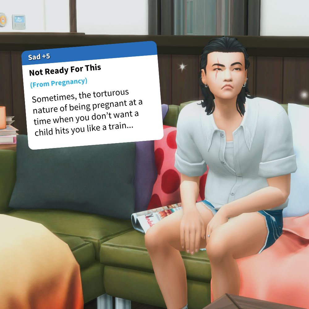 yoongi sits on the couch, pouting, hunched over and defeated. his sad buff says: "not ready for this. (from pregnancy). sometimes, the torturous nature of being pregnant at a time when you don't want a child hits you like a train..." 