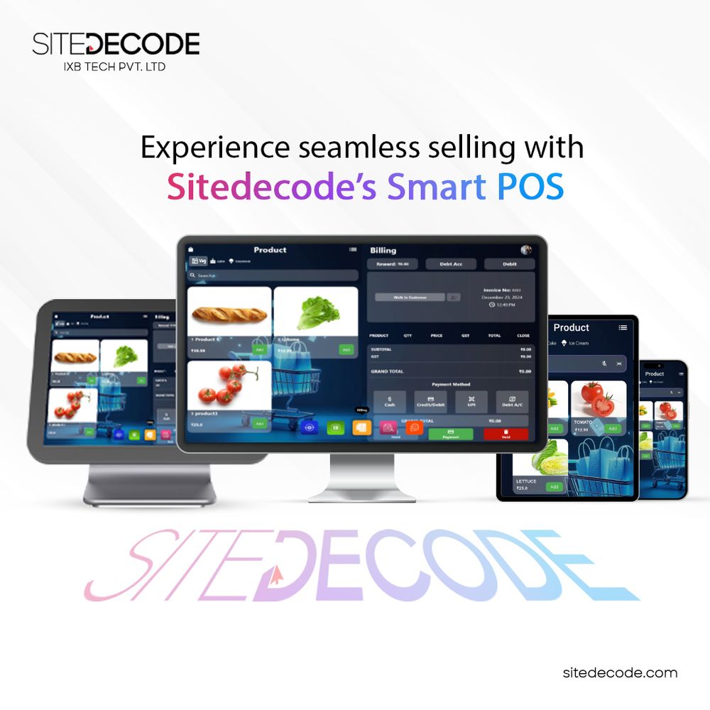 Multiple screens displaying SITEDECODE’s Smart POS interface with product billing, grocery items, and real-time checkout dashboard.