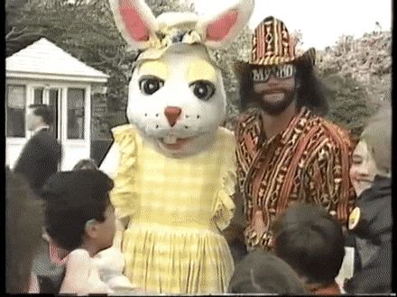 A gif of the Easter Bunny and the Macho Man Randy Savage.