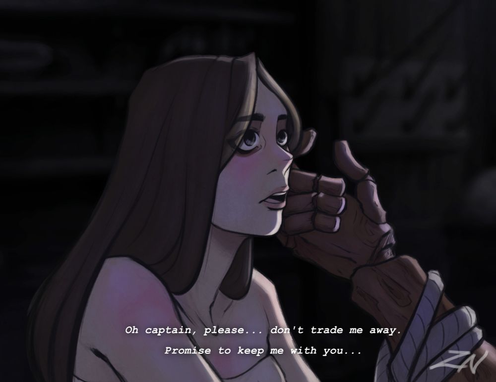 My oc Bright, a young girl who is looking at her captain imploring not to abandon her by trading her away while he is caressing her cheek with his wooden hand.