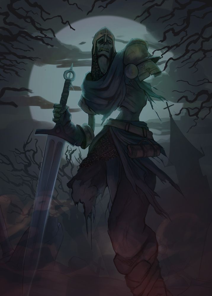 A zombie knight is standing right in front of the viewer. Its left arm and right leg are missing and it's leaning on a big sword with his right arm. The atmosphere is dark and gloomy, in the background there's a cemetery with a church and a sinister tree, the moon is bright green making contrast with the character.