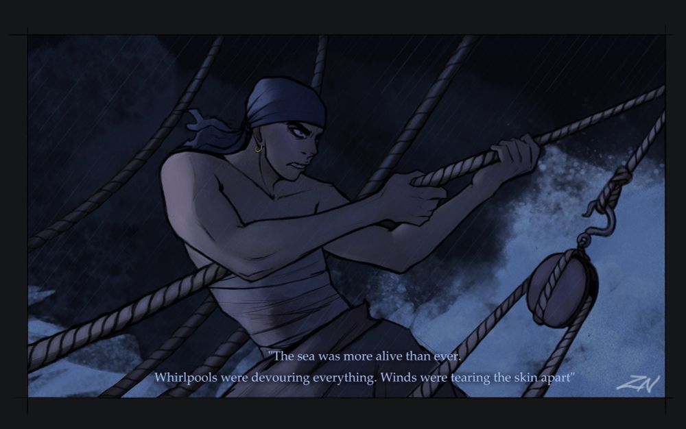 The captain is holding a rope of the ship. On the background waves are rising.