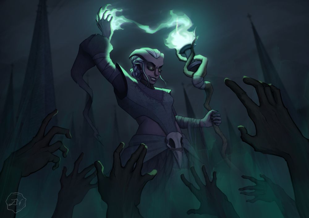 A demon-necromancer with a sinister smile is performing a rebirth ritual casting a green-flame spell from her sceptre. By this ritual, many hands of dead corpses rise from the ground.