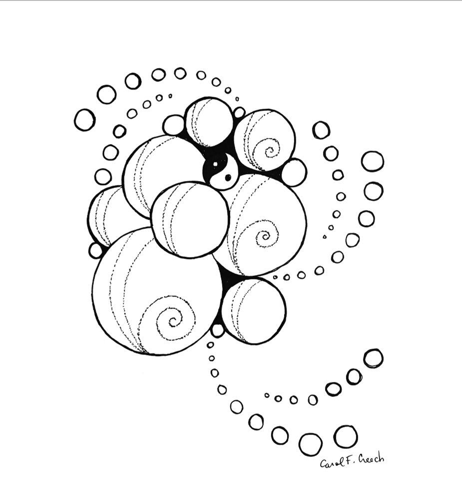 A series of placed circles in a cluster with small, gradually larger circles reaching out from three areas.