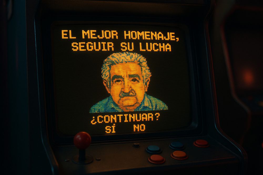 Fotograma de una pantalla de juego retro con gráficos pixel art. En la parte superior aparece el mensaje en letras naranjas: “EL MEJOR HOMENAJE, SEGUIR SU LUCHA”. Debajo, un retrato pixelado de un hombre de pelo canoso y expresión serena (José Mujica expresidente de Uruguay). Más abajo, la pregunta “¿CONTINUAR?” y las opciones “SÍ” y “NO”. La pantalla está montada en un mueble de arcade con un joystick rojo y cuatro botones de colores (azul, amarillo, rojo y verde) en la base.
