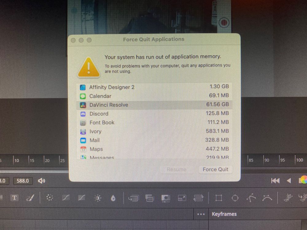 a screenshot that says “Your system has run out of application memory”, along with a list of processes, most of which are using less than a gigabyte of ram but one of them (davinci resolve) is somehow using 61 GB