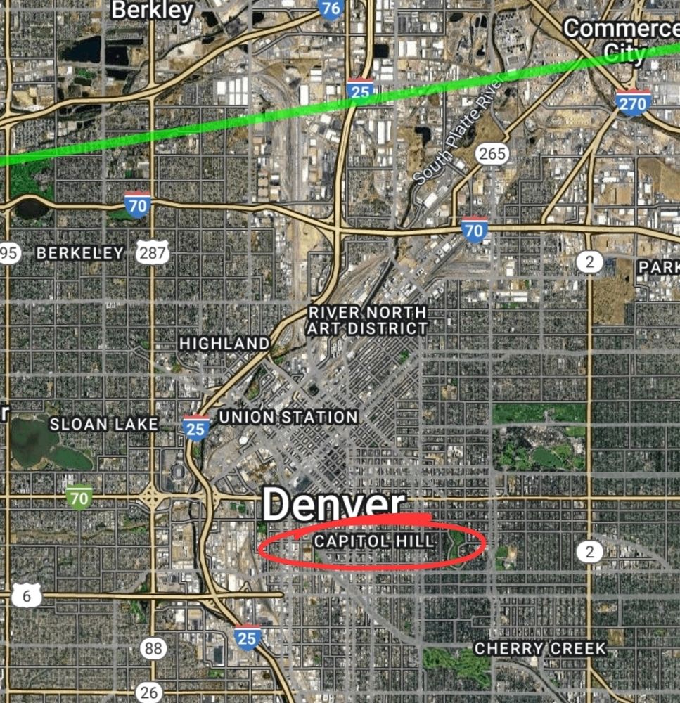 This is a map showing where Colorado's Capitol Hill is located with the Hercles Pillars Leyline just to the north a few miles.