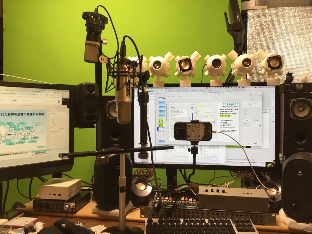 Here's a picture of my remote meeting setup: two displays, two microphones, and five sets of loudspeakers with a patch bay.