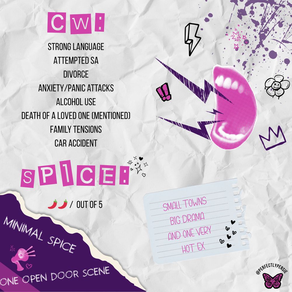 White crumpled-paper style background with pink and purple doodles. 

Text header says “CW!” with a list: 
strong language, attempted SA, divorce, anxiety/panic attacks, alcohol use, death of a loved one (mentioned), family tensions, car accident. 

Below, “Spice:” with two chili peppers out of five. 

Note in corner reads: “Small towns, big drama, and one very hot ex.” 

Bottom corner text says: “Minimal spice, one open door scene.”