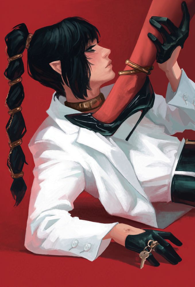 Shadowheart reclines against a red background. She is wearing a blindingly white suit and is being nudged backward by Karlach's heel