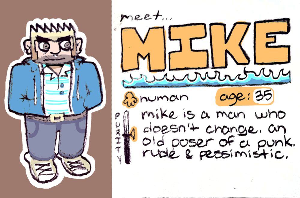 a sweatshirt wearing man with bleached hair and a five o' clock shadow. there's text at the top that says "meet... MIKE". his age is listed as 35. his soul purity (on a scale of good to evil) is morally grey, just on the edge of being bad. the description reads: "mike us a man eho doesn't change. an old poser of a punk. rude and pessimistic."