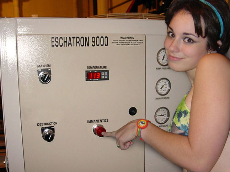 A bikini clad brunette, having disengaged the safeties, has her finger on the 'immanentize' button on the Eschatron 9000