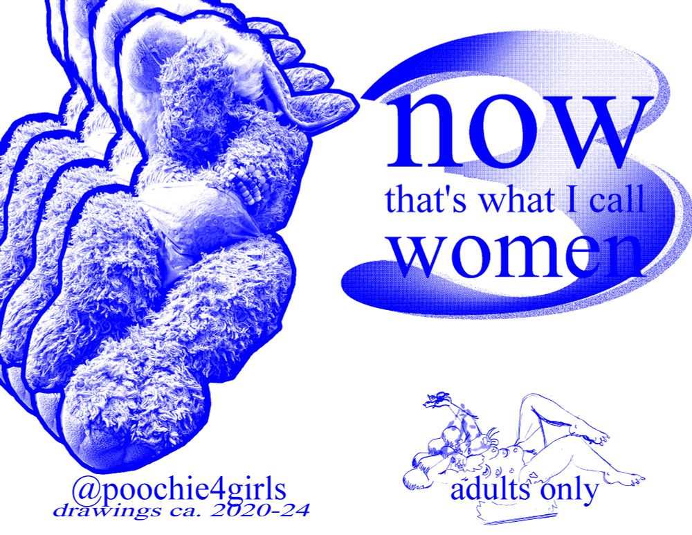 cover spread of "now that's what i call women vol. 3" an adults only zine of drawings and images spanning 2020-2024. Back cover depicts a plush bunny rearing her head back as she paws herself under a pair of panties. 