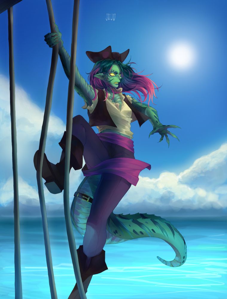 a very colorful green and magenta lizard girl stranded on an ocean planet with no land insight