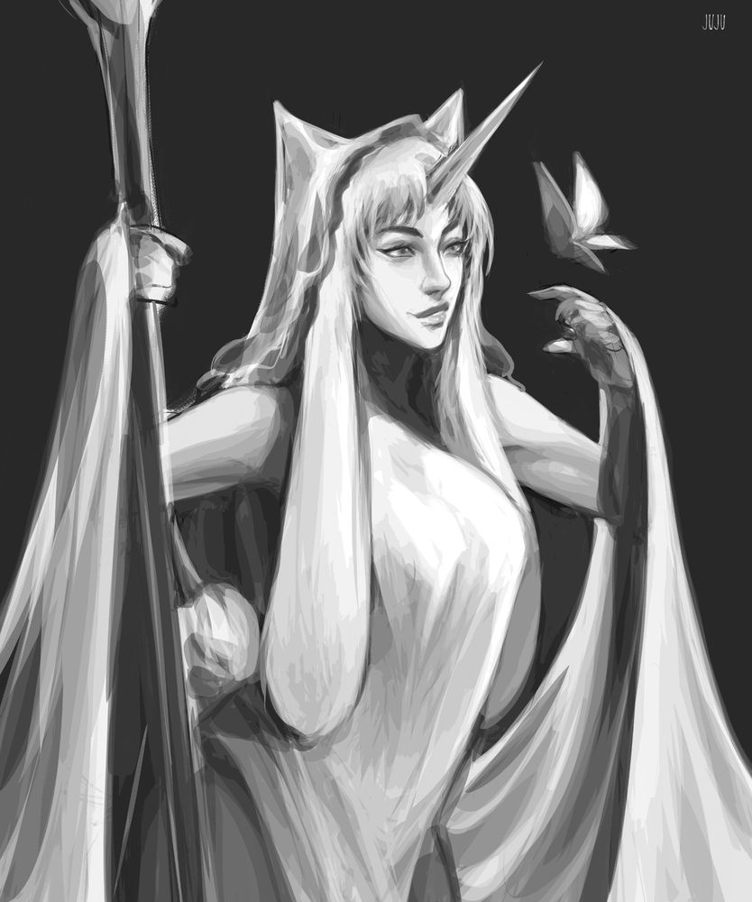 value study from this morning, about 2 hours. it is a drawing of a unicorn lady with long rabbit ears looking whimsy at a butterfly
