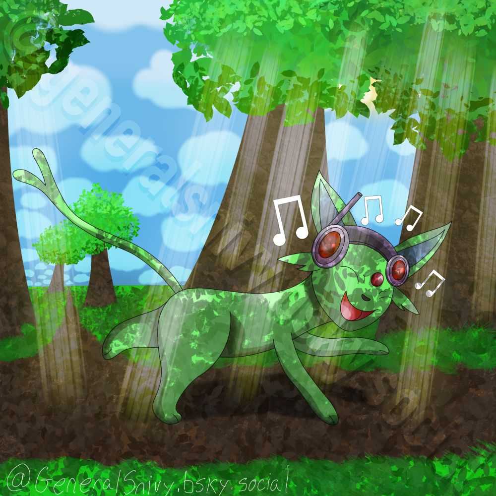 A shiny Alpha Espeon is dancing as they're traveling along a dirt path while listening to a song through the headphones that they're wearing on their head. The Alpha Espeon's facial expression is that of joy as they love the song that they're listening to and they're dancing along to the song's beat. If you're wondering what the song is, it is linked in the replies below this post.

There are a 3 trees that are by the path of which the Alpha Espeon is dancing on with rays of sunshine shining through the leaves onto the ground, the Alpha Espeon, and their headphones. Just behind the Alpha Espeon is another dirt path and 2 more trees, leading elsewhere.