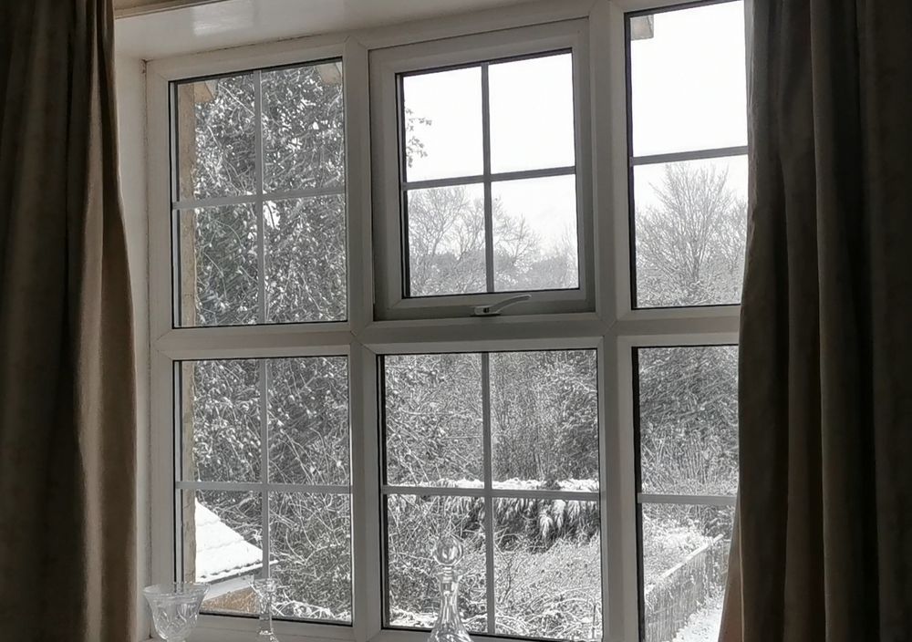 Looking through a window at snow covered trees. 