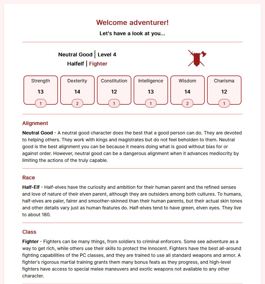 Uma ficha em inglês descrevendo um aventureirio meio elfo, lutador neutro bom