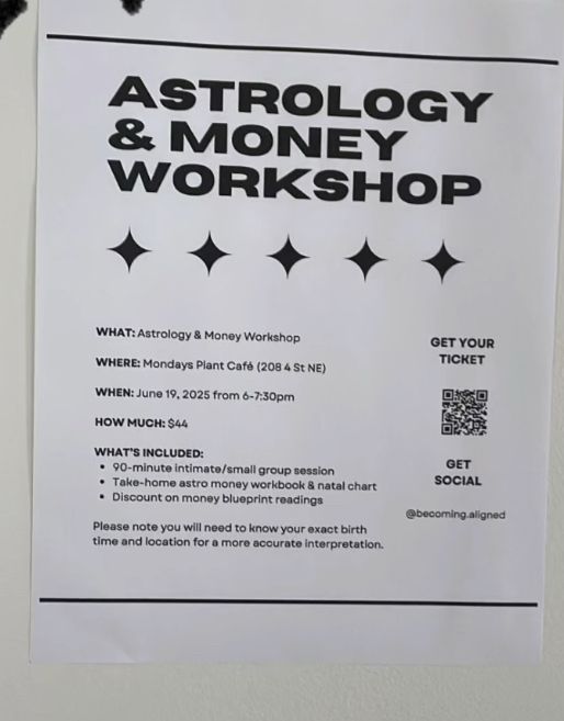a poster for a "astrology & money workshop" 