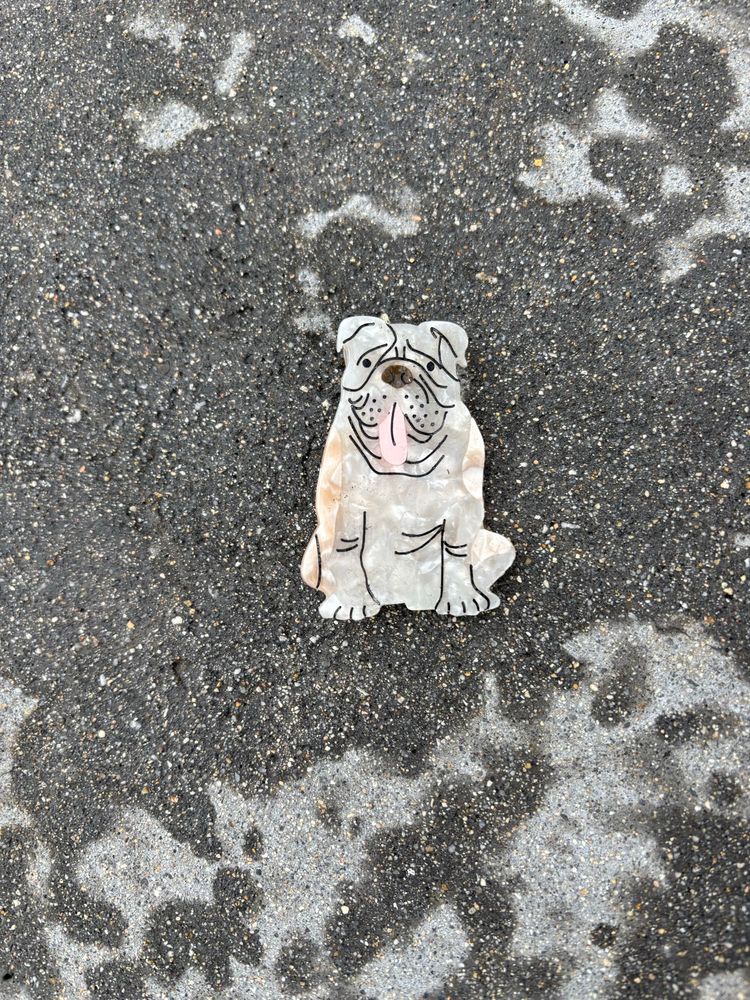 A broken hair clip in the shape of a bulldog