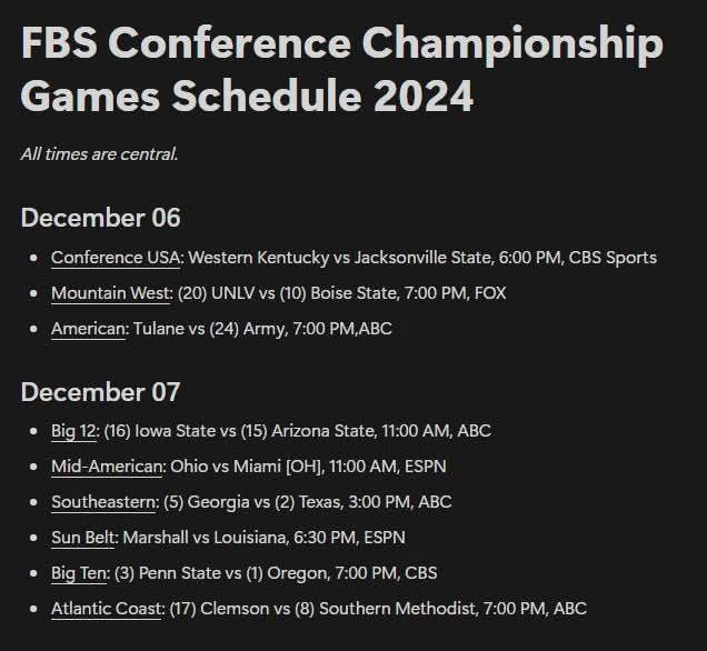 Games on December 6, 2024 and December 7, 2024 that will decide the conference champion for FBS conferences.