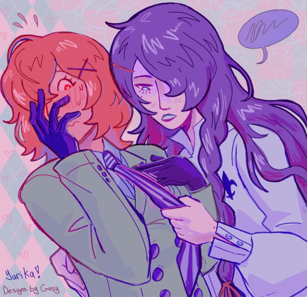 Illustration of Goro Akechi and Yusuke Kitagawa from Persona 5 drawn as girls. Drawn from the torso up, Kitagawa is pulling Akechi close while tugging her tie to examine it. Akechi is flustered with a hand trying to hide her deeply flushed face. 