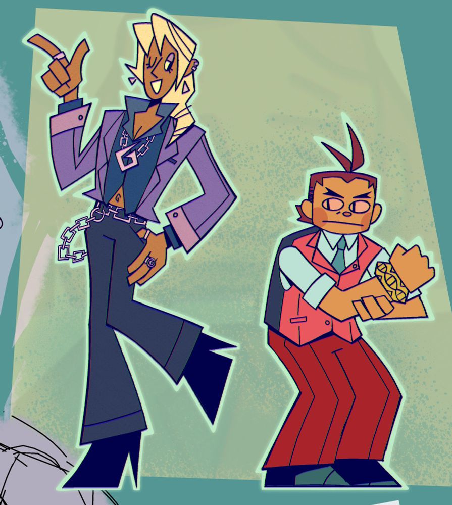 Klavier Gavin and Apollo Justice from Ace Attorney drawn in the style of Smile for Me, a flat cartoon-like style with bold shapes and sharp edges. Klavier is standing with one foot kicked up. He is smiling and winking, one hand pointed in a finger gun while the other rests on his hip. Apollo is hunched over with an intense paranoid expression. He is clutching his arm with the bracelet.