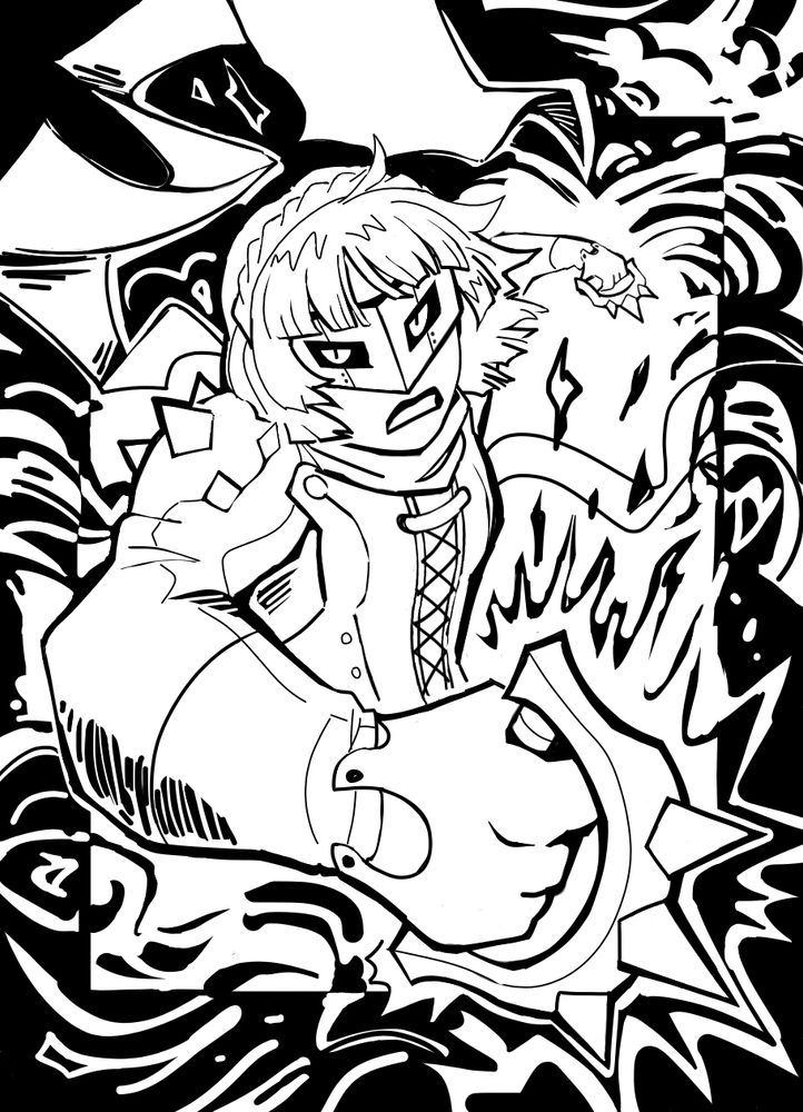 A black and white illustration of Makoto Niijima in her Phantom Thief outfit from Persona 5. Drawn from the torso up, she is getting ready to throw punch with her tekkō weapons. Smoke and explosions stream from her fists and surround her. Her scarf billows behind her from the motion.