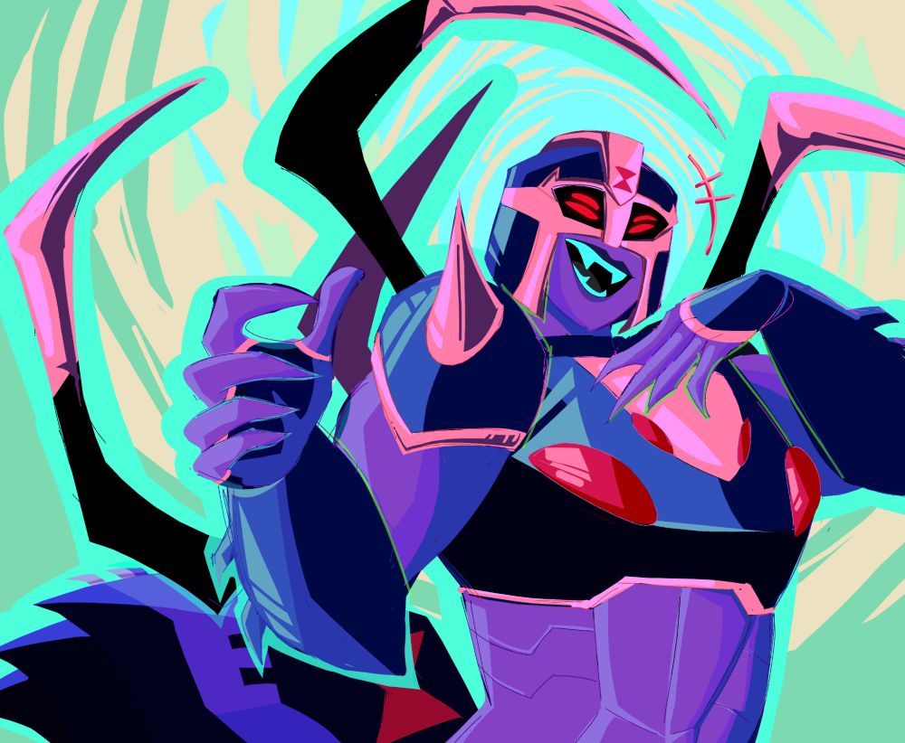 An illustration of Blackarachnia from Transformers: Animated in a bright, vibrant color scheme. Blackarachnia is laughing menacingly with a hand raised to her chest. The background is bright teal and yellow colors that frame her face in circular markings. 
